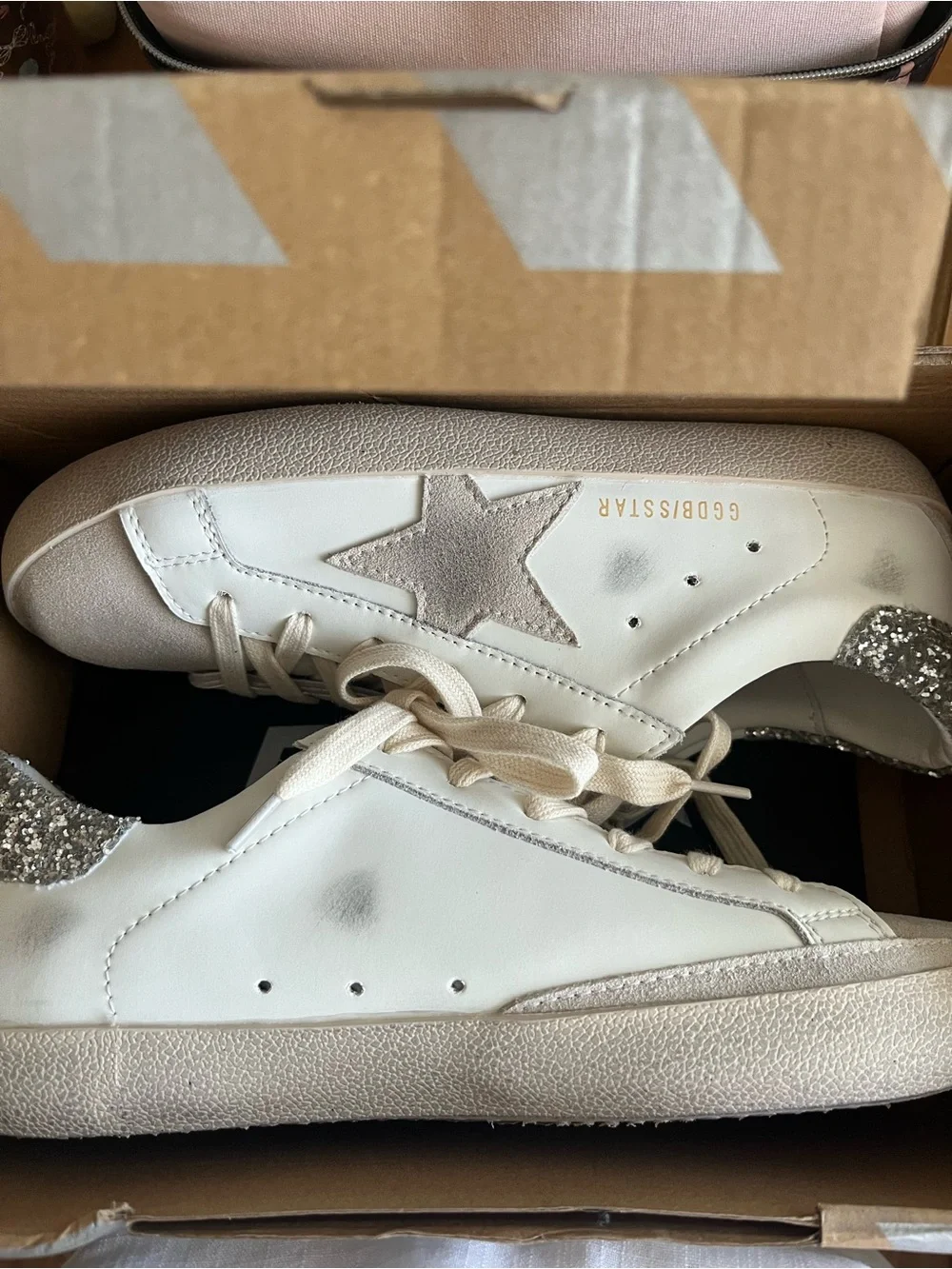 Golden Goose White Sneakers with Silver Glitter Heel and Gray Star